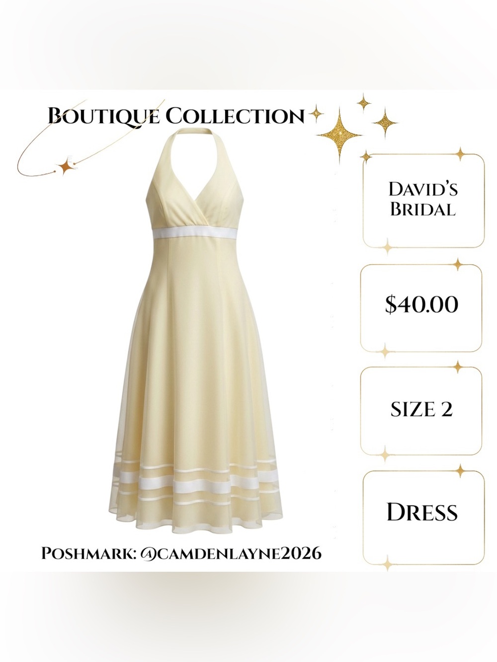 David's Bridal Butter Yellow Halter Mini Dress with Striped Hem - Picture 3 of 6